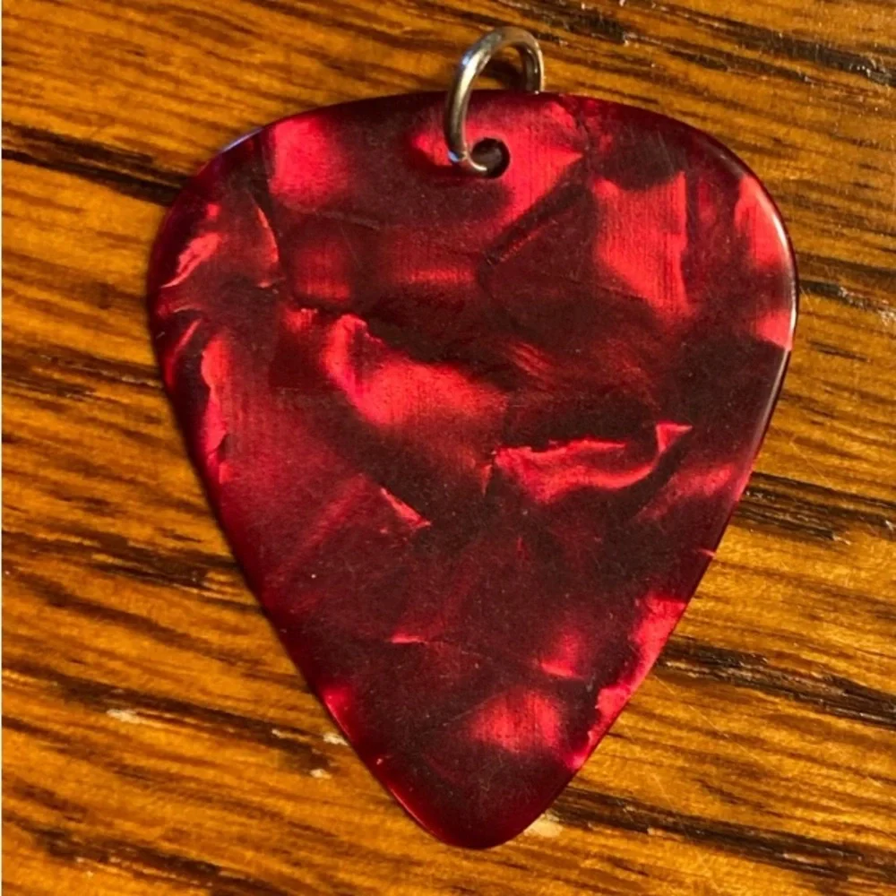 Red Guitar Pick Necklace Suede Cord Pearlescent Unisex New